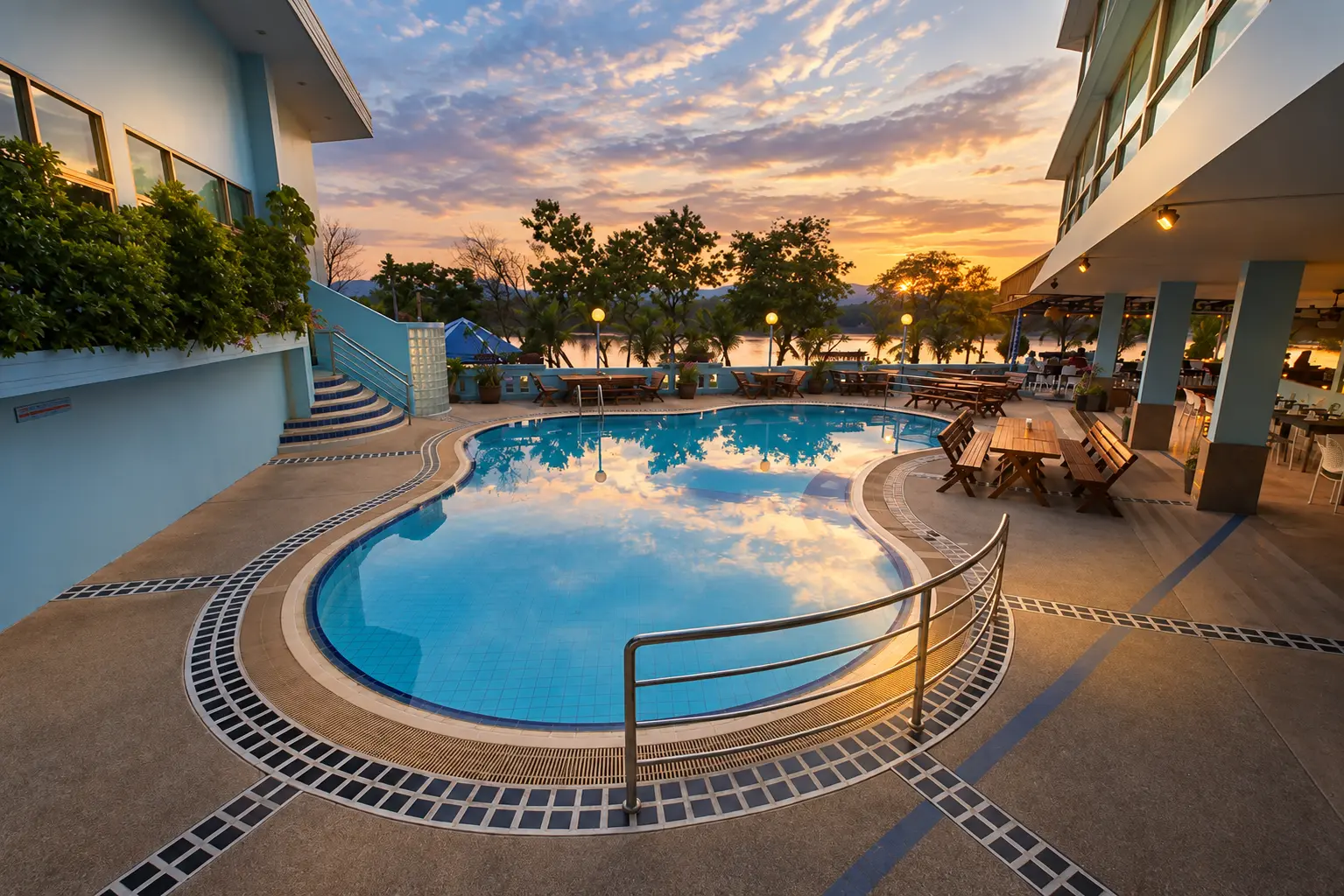 The hotel pool, empty and quiet in the evening