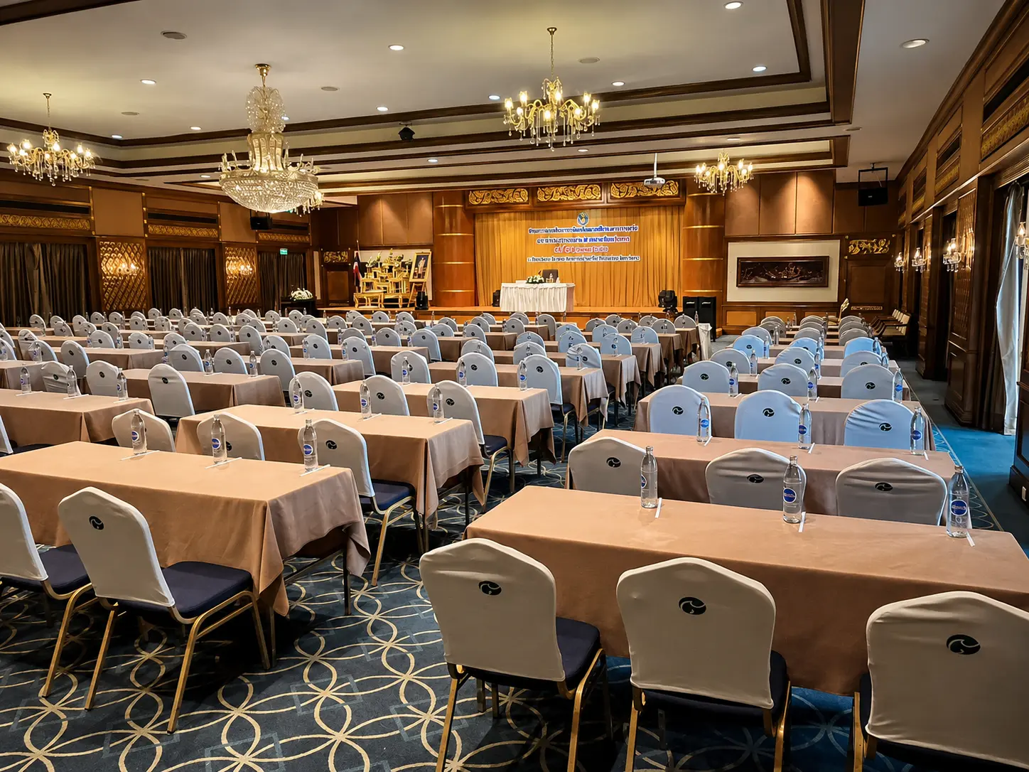 A seminar room set up for a meeting