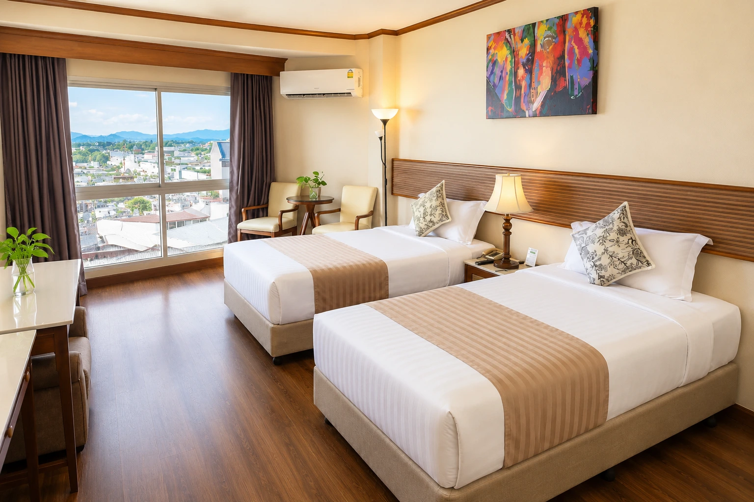 A deluxe twin bed room with riverview